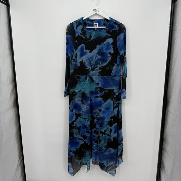 Anne Klein Black & Blue Floral Mesh Long Sleeve Dress Size Petite Large - Picture 1 of 11
